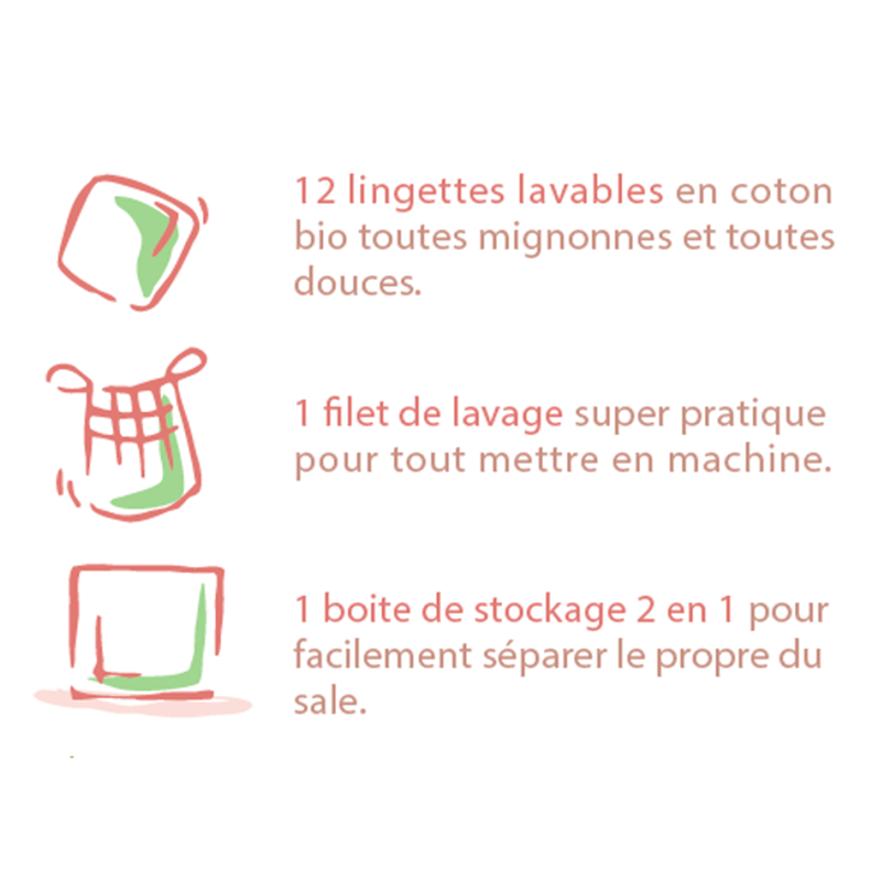 Set van 12 wasbare biologisch katoenen doekjes + wasnet + handleiding eerste stapjes