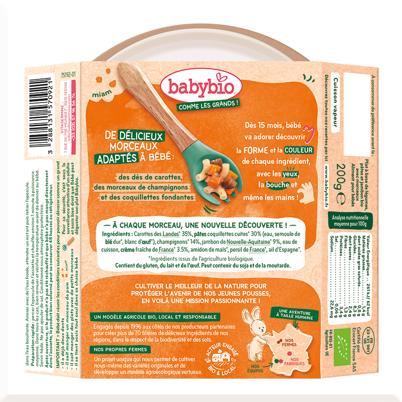 Carotte des Landes Coquillettes Champignon Jambon de Nouvelle-Aquitaine & touche de crème