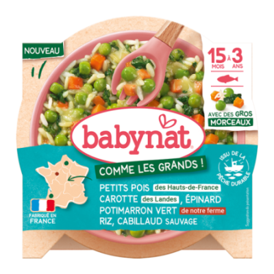 Petits pois Hauts-de-France Carotte des landes Epinard Potimarron Vert de notre ferme Riz Cabillaud sauvage - gros morceaux