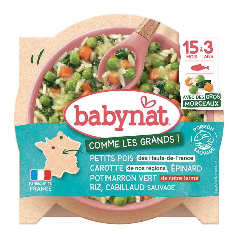 Petits pois des Hauts-de-France Carotte de nos régions Epinard Potimarron vert de notre Ferme Riz Cabillaud sauvage