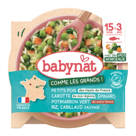 Petits pois des Hauts-de-France Carotte de nos régions Epinard Potimarron vert de notre Ferme Riz Cabillaud sauvage