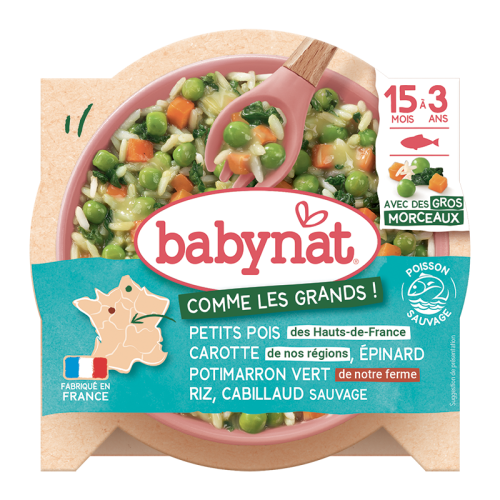 Petits pois des Hauts-de-France Carotte de nos régions Epinard Potimarron vert de notre Ferme Riz Cabillaud sauvage